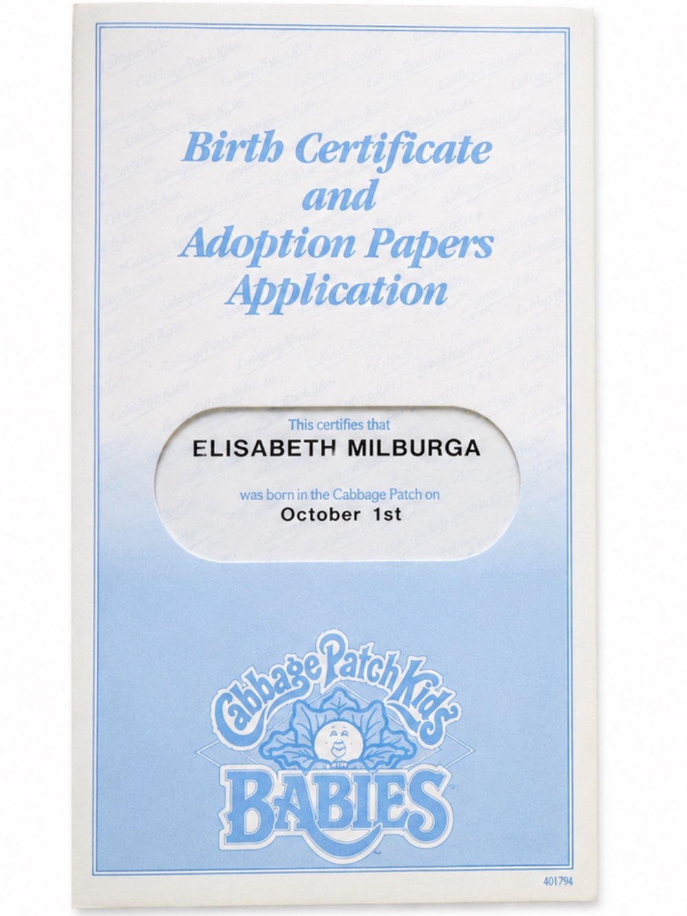 Cabbage Patch Kids Birth Certificate & Adoption Papers - add on to doll purchase
